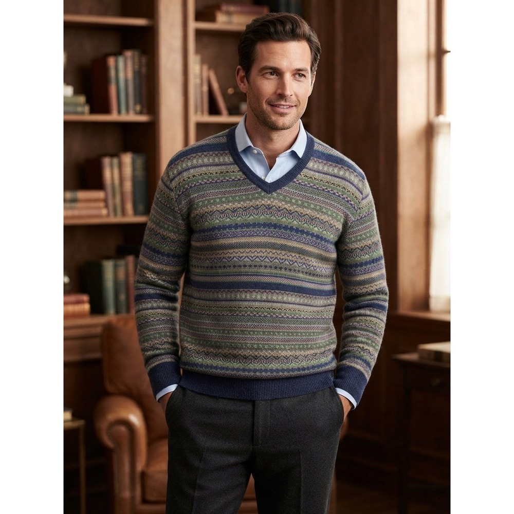 Brooks Brothers Fair Isle V-Neck Italian Yarn Sweater Merino Wool Men's XXL USA